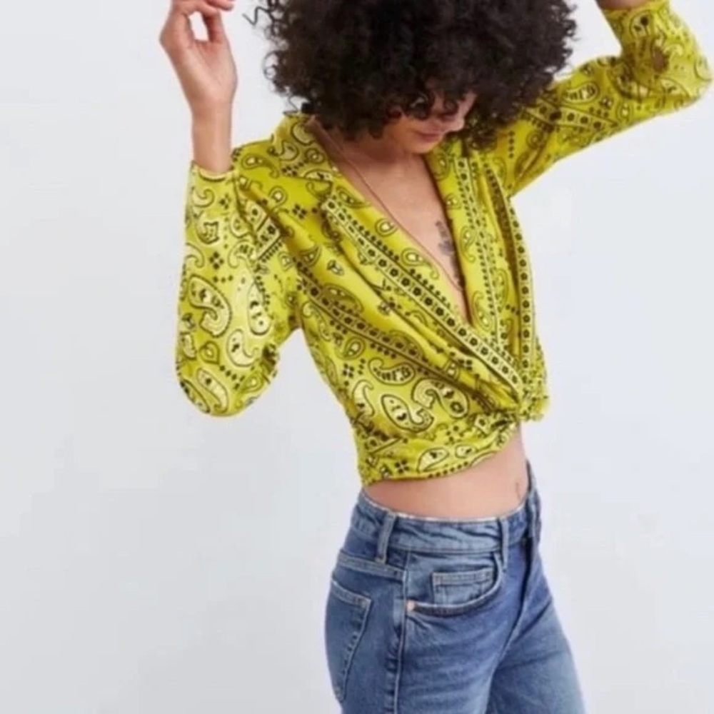 Zara Bright Yellow Paisley Twist Front Paisley Bandana Print Top